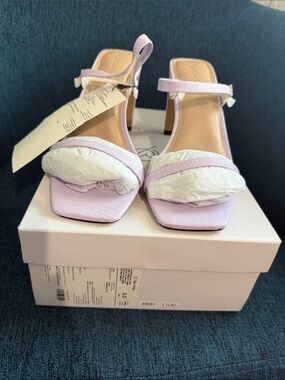 Avery Lilac Croc-Embossed Square-Toe Block Heel Sandals